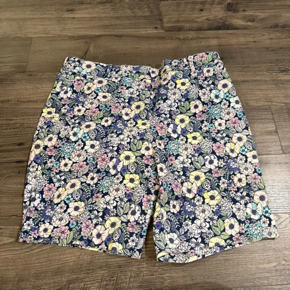 Talbots The Perfect Short Floral Print Navy‎ Pink Yellow Chino Shorts Size 12